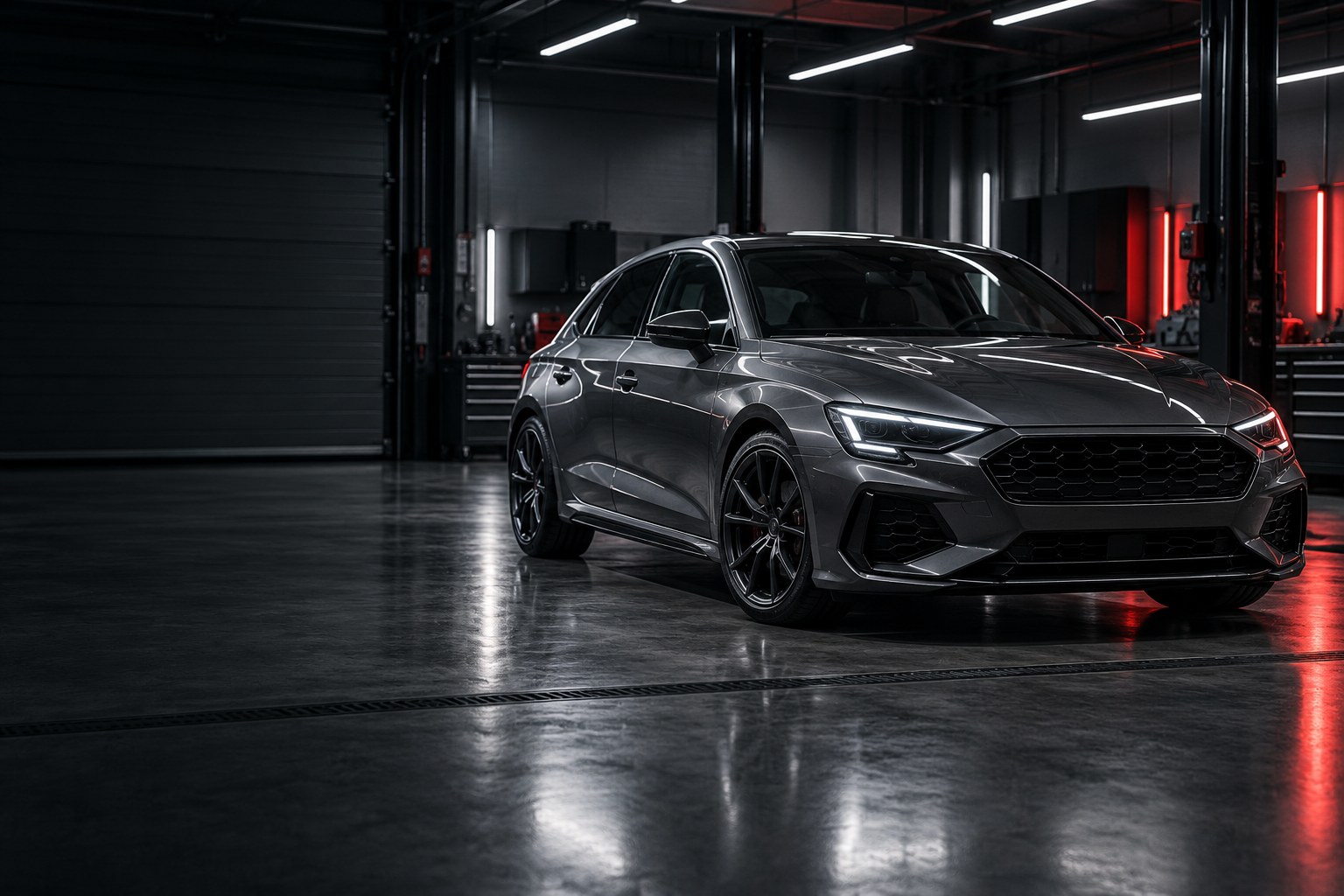 A graphite car in a modern automotive workshop